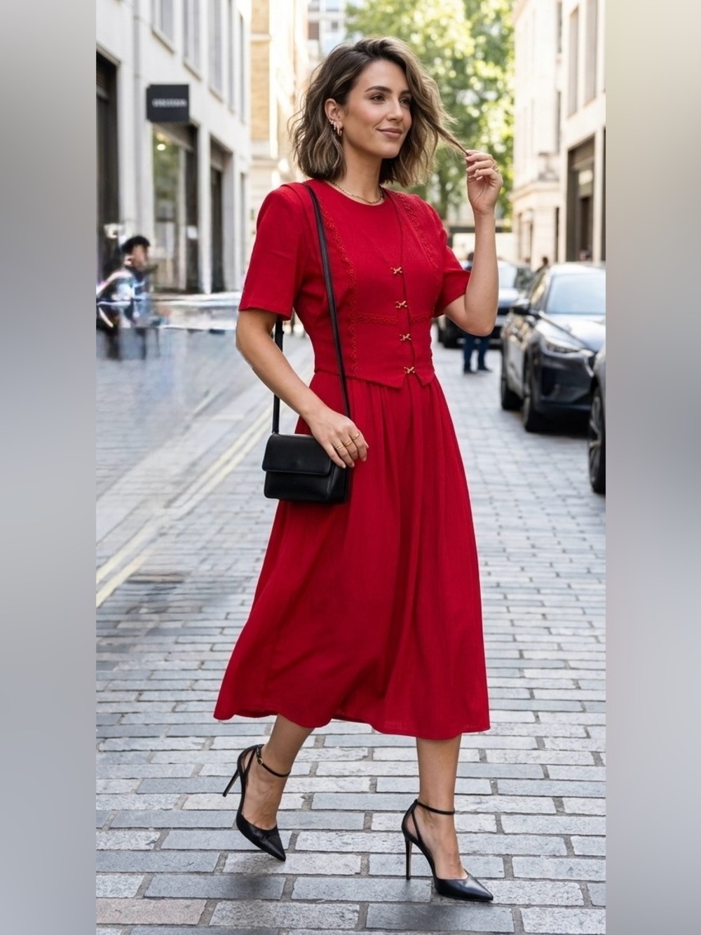 Vintage 90s Miss Dorby Red Clasp Midi Dress 8P